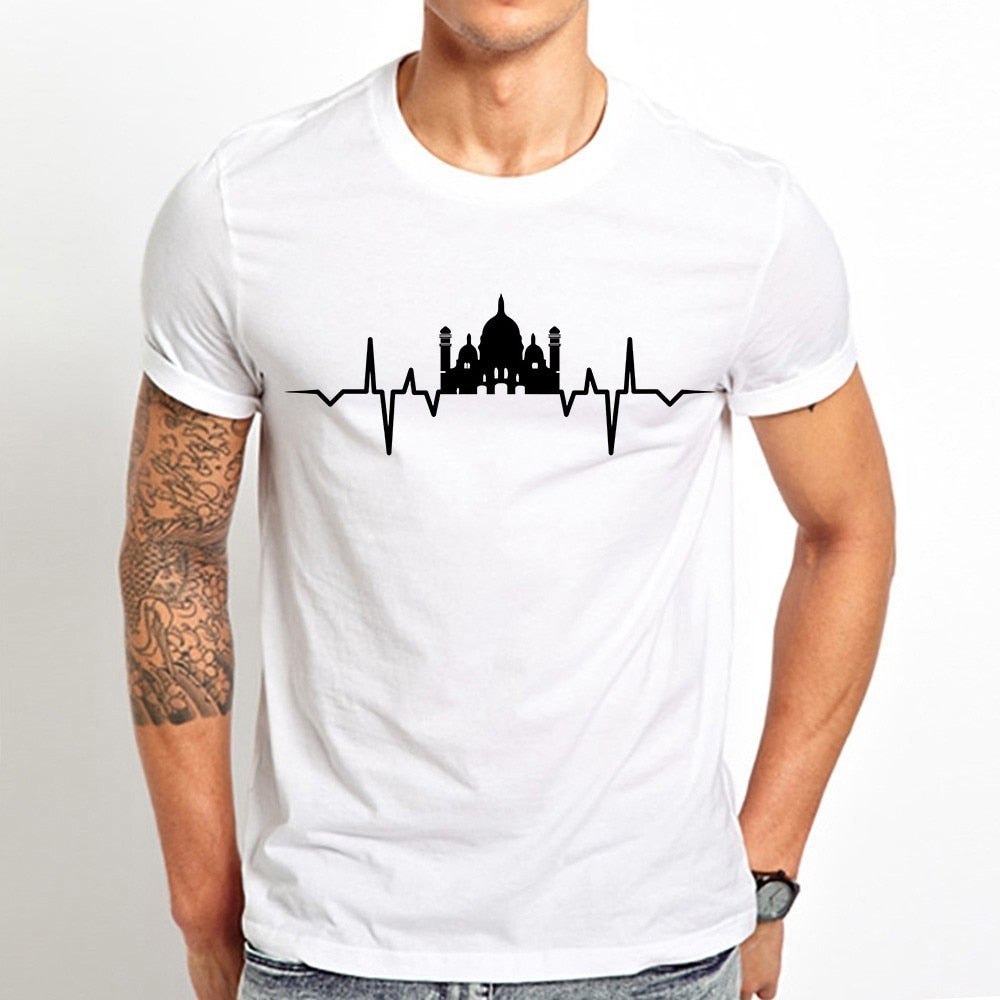 Mosque heartbeat cool tshirt men summer new white casual short sleeve unisex t shirt Islamic Muslims Ramadan t-shirt