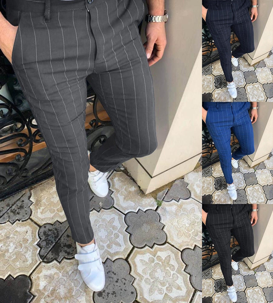 New 2022  Men's Hot Trousers Business Stripe Slim Spring And Autumn Waist Small Foot Pencil Pants Street Fashion Men's Wear