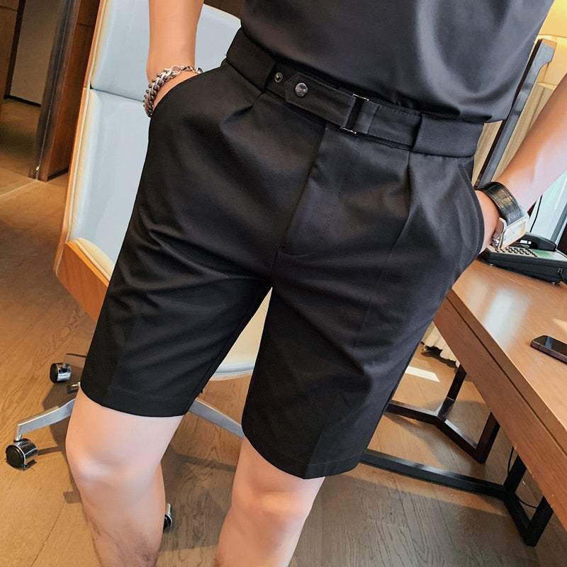 Fashion Summer Knee Length Shorts With Belt Men Clothing Business Formal Wear Slim Fit Casual Solid color Short Homme 4 Colors